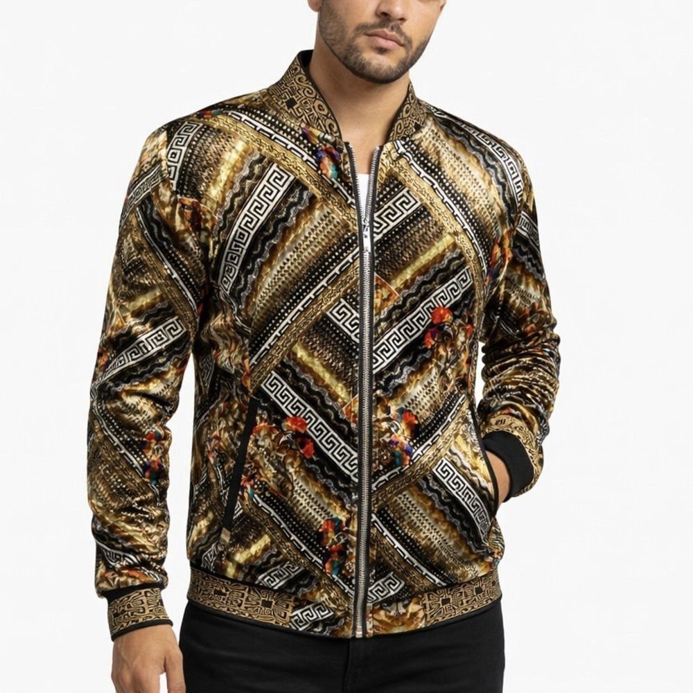 SUSLO COUTURE Multicolor Bomber Jacket sz S Bold Lightweight Velvet Streetwear - Picture 12 of 12